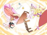  black_hair blonde_hair cup detached_sleeves food fruit gap hakurei_reimu kotatsu long_hair mandarin_orange multiple_girls shokkin spilling table table_flip touhou upside-down yakumo_yukari 