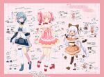  3girls animal_ear_headwear animal_ears ankle_bow argyle_background arm_behind_back arrow_(symbol) asymmetrical_skirt back_bow bandage_over_one_eye bandaged_head bandaged_leg bandages bare_shoulders belt belt_buckle black_belt black_choker black_sleeves blue_boots blue_choker blue_eyes blue_gem blue_gloves blue_hair blue_shirt blue_skirt boots border bow bow_choker bowtie braid brooch brown_belt brown_boots brown_bow brown_eyes brown_hat brown_pantyhose brown_shirt buckle buttons cape capelet cat_ears center_frills chain child chinese_commentary choker clenched_hand close-up closed_mouth clothing_cutout collared_cape collared_capelet commentary_request corset cropped_shirt detached_sleeves diamond_button fake_animal_ears fortissimo frilled_gloves frilled_shirt frilled_skirt frilled_sleeves frilled_socks frills full_body fur-trimmed_capelet fur_anklet fur_trim gem gloves gold_buckle gold_buttons gold_chain gold_necklace hair_between_eyes hair_bow hair_ornament hairclip hand_in_own_hair happy hat hat_bow high_collar high_heels highres holding_own_hair jewelry kaname_madoka kaname_madoka_(magical_girl) kneehighs knees lock long_hair magical_girl mahou_shoujo_madoka_magica mahou_shoujo_madoka_magica:_walpurgis_no_kaiten medium_skirt midriff miki_sayaka miki_sayaka_(magical_girl) miniskirt momoe_nagisa momoe_nagisa_(magical_girl) multiple_girls multiple_views musical_note musical_note_hair_ornament necklace orange_capelet orange_skirt outline outstretched_arm padlock pantyhose pink_background pink_border pink_bow pink_bowtie pink_corset pink_eyes pink_gem pink_hair pink_skirt pleated_skirt pointing_out_the_details puffy_short_sleeves puffy_sleeves pumps red_bow red_choker red_shoes shirt shoes short_hair short_sleeves short_twintails side_braids single_braid single_thighhigh skirt sleeveless sleeveless_shirt smile socks soul_gem stomach_cutout stomach_jewel strapless strapless_shirt tareme thighhighs translation_request twin_braids twintails two-tone_shirt un_nm5sy very_long_hair white_bow white_cape white_gem white_gloves white_hair white_outline white_shirt white_sleeves white_socks white_thighhighs 