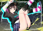  1girl absurdres animal_ears animal_hat arm_up baseball_cap black_background black_hair black_hat black_hoodie black_panties black_socks blue_skirt boots cat_ears cat_girl cat_hat clothes_writing commentary denonbu english_commentary full_body grin hat hem_peeking_out highres hood hood_down hoodie knees_up kurogane_tama legs_up long_sleeves miniskirt panties pleated_skirt satone_miroir shirt short_sleeves skirt smile socks solo thighs underwear white_boots white_shirt yellow_eyes 