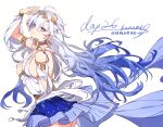  1girl absurdres armlet ass bare_back bare_shoulders blue_eyes blue_hair blue_skirt breasts character_name chinese_commentary cocktail_dress commentary detached_sleeves dress earrings eyeliner gold_armlet gold_earrings gradient_hair heart heart-shaped_pupils highres jewelry kanami_(strinova) laurel_crown looking_at_viewer looking_to_the_side makeup medium_breasts multicolored_hair poxiao_buff red_eyeliner shoulder_blades showgirl_skirt sideboob signature simple_background skirt smile solo strinova symbol-shaped_pupils upper_body white_background white_dress white_hair 