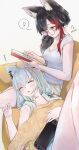  2girls ahoge animal_ear_fluff animal_ears black_hair book breasts cleavage commentary_request couch double-parted_bangs eighth_note fox_ears fox_girl glasses hair_between_eyes hair_over_shoulder highres holding holding_book hololive lap_pillow long_hair low_side_ponytail lying medium_breasts multicolored_hair multiple_girls musical_note nintendo_switch_2 on_back on_couch ookami_mio open_mouth reading red-framed_eyewear red_streaks round_eyewear shirakami_fubuki shirt short_shorts shorts side_ponytail simple_background single_hair_streak single_sidelock sleeping spoken_musical_note streaked_hair t-shirt torokko virtual_youtuber white_background white_hair white_shirt wolf_ears wolf_girl yellow_eyes zzz 