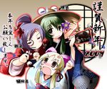  3girls angry blonde_hair blush brown_eyes face_painting flower green_hair hanetsuki hat japanese_clothes kimono kochiya_sanae monocle moriya_suwako morogami_ryou multiple_girls new_year purple_hair ribbon short_hair sweatdrop tears touhou translation_request yasaka_kanako 