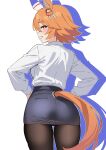  +_+ 1girl absurdres animal_ears ass black_pantyhose black_skirt blush commentary cowboy_shot cross-shaped_pupils darly_(heh_liman) daruma_doll doll_hair_ornament ear_covers from_behind hands_on_own_hips highres horse_ears horse_girl horse_tail long_sleeves looking_at_viewer looking_back matikanefukukitaru_(umamusume) miniskirt orange_eyes orange_hair orange_tail pantyhose pencil_skirt shirt short_hair simple_background single_ear_cover skirt smile solo symbol-shaped_pupils tail tail_through_clothes umamusume untranslatable_commentary white_background white_shirt 