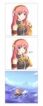  3koma :t =_= bad_id bad_pixiv_id blue_eyes breast_expansion breasts comic highres inflation large_breasts long_hair megurine_luka pink_hair swimming translated triangle_mouth vocaloid water zenn 