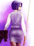  billiards blue_hair brown_eyes cue_stick pantyhose pool_cue pool_table purple_hair short_hair skirt skull vest 