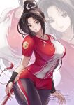  1girl artist_name breasts commentary_request ema_(emaura) fatal_fury folded_fan folding_fan hand_fan high_ponytail highres holding holding_fan large_breasts leggings_under_shorts looking_at_viewer motoyui official_alternate_costume pixiv_id ponytail shiranui_mai short_shorts shorts solo street_fighter street_fighter_6 twitter_username watermark wrist_guards 