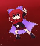  1girl 216 :< arm_up black_eyes black_shirt bow cape capelet chibi chibi_only closed_mouth commentary_request full_body hair_bow long_sleeves looking_at_viewer medium_hair outline purple_bow purple_cape purple_socks red_background red_cape red_capelet red_hair red_skirt ribbon-trimmed_bow ribbon-trimmed_shirt ribbon-trimmed_sleeves ribbon_trim sekibanki shirt shoes signature skirt socks solo touhou two-sided_cape two-sided_fabric white_outline 