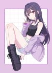  1girl armpit_crease artist_name black_shirt boots border breasts commentary crop_top drinking drinking_straw drinking_straw_in_mouth from_side full_body furutori grid_background highres hood hooded_jacket invisible_chair jacket juice_carton knees_up long_hair looking_at_viewer looking_to_the_side navel original purple_boots purple_border purple_eyes purple_hair purple_jacket shirt shorts signature sitting sleeveless sleeveless_shirt small_breasts untranslatable_commentary white_shorts 