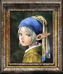  1girl abe_tsukasa alternate_eye_color artist_collaboration blue_eyes blue_turban cosplay earrings east-west_crossover elf fine_art_parody frieren from_side girl_with_a_pearl_earring green_background grey_hair highres jewelry johannes_vermeer_(style) large_variant_set lipstick long_eyelashes long_pointy_ears looking_at_viewer makeup official_art open_mouth parody parted_bangs parted_lips pearl_earrings pink_lips pointy_ears portrait portrait_(object) sidelocks solo sousou_no_frieren teeth thick_eyebrows turban two-tone_turban upper_body upper_teeth_only variant_set very_long_ears white_hair yellow_turban 