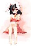  animal_ears barefoot black_hair blush bunny_ears carrot feet food_themed_clothes inaba_tewi red_eyes shin_(new) short_hair solo touhou 