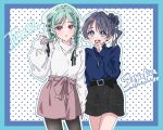  2girls :d :o alternate_costume black_pantyhose black_ribbon black_shorts blue_border blue_hair blue_ribbon blue_sweater border braid color_connection commentary cowboy_shot hair_bun hair_ribbon in-franchise_crossover jewelry long_sleeves looking_at_viewer love_live! love_live!_hasu_no_sora_jogakuin_school_idol_club love_live!_superstar!! medium_hair multiple_girls murano_sayaka necklace onitsuka_tomari open_mouth pantyhose pantyhose_under_shorts parted_lips pink_shorts polka_dot polka_dot_background red_ribbon ribbon short_shorts shorts side_ponytail single_side_bun smile sweater toto_(ke_ke99) twin_braids untranslatable_commentary white_sweater 
