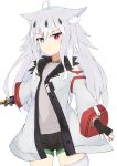 1girl absurdres ahoge animal_ear_fluff animal_ears bare_shoulders black_gloves black_shorts blue_eyes clothing_cutout commentary_request fingerless_gloves fur-trimmed_jacket fur_trim gloves grey_hair grey_jacket grey_shirt hair_between_eyes heterochromia highres jacket long_hair multicolored_hair nyaha open_clothes open_jacket original red_eyes shirt short_shorts shorts shoulder_cutout simple_background solo streaked_hair v-shaped_eyebrows very_long_hair white_background white_hair 