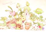  1boy brown_pants budew bulbasaur celebi chikorita closed_eyes collared_shirt commentary_request dated deerling grass_type_theme_(pokemon) green_hair highres hoppip leafeon long_hair male_focus n_(pokemon) narusawa_byakuya on_head open_mouth pansage pants petilil pokemon pokemon_(creature) pokemon_black_and_white pokemon_on_head roselia_(pokemon) shaymin shaymin_(land) shirt sitting skiploom snivy turtwig undershirt whimsicott white_shirt 