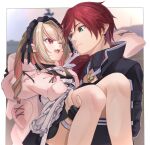  1boy 1girl absurdres black_dress black_headdress border brown_hair carrying colored_inner_hair commentary_request dress fingerless_gloves gloves green_eyes hair_intakes highres jacket lauren_iroas lauren_iroas_(1st_costume) makaino_ririmu makaino_ririmu_(5th_costume) multicolored_hair nijisanji official_alternate_costume one_eye_closed outside_border pink_hair pink_jacket pointy_ears princess_carry red_eyes red_hair ringlets sleeves_past_fingers sleeves_past_wrists smile streaked_hair two-tone_hair two_side_up user_sctr2582 virtual_youtuber white_border 
