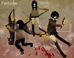  a~chan bad_id bad_pixiv_id black_hair brown_eyes duca kashiyuka knife long_hair multiple_girls nocchi_(perfume) perfume scythe short_hair sword weapon 