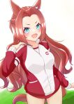  1girl absurdres animal_ears blue_eyes blush bow braid breasts brown_hair buruma collarbone commentary_request curtained_hair gym_shirt half_up_half_down_braid highres horse_ears horse_girl horse_tail jacket kawakami_princess_(umamusume) long_hair looking_at_viewer medium_breasts open_mouth red_buruma red_jacket shirt smile solo tail tracen_training_uniform track_jacket umamusume white_shirt zacuro 