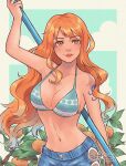  1girl bikini bikini_top_only blue_pants breasts brown_eyes chunafishy cleavage commentary food fruit holding holding_staff large_breasts long_hair nami_(one_piece) navel one_piece orange_(fruit) orange_hair pants parted_lips shoulder_tattoo solo staff swimsuit tattoo very_long_hair 