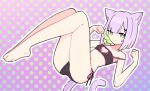  1girl absurdres animal_ears bare_legs bare_shoulders barefoot black_bra black_panties blush bra breasts cat_ears cat_girl cat_lingerie cat_tail cleavage_cutout clothing_cutout colored_inner_hair feet full_body green_eyes hair_ornament highres indie_virtual_youtuber looking_at_viewer lyrinne multicolored_hair navel outline panties parted_lips paw_pose pink_hair polka_dot polka_dot_background shwaa side-tie_panties small_breasts solo strap_slip tail toes underwear virtual_youtuber white_outline x_hair_ornament 