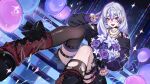  1girl absurdres alchevic_(vtuber) balloon black_nails bouquet building collarbone commentary cross earrings english_commentary flower flower_tattoo hair_ornament hairclip highres holding holding_bouquet indie_virtual_youtuber jewelry leg_tattoo multicolored_hair night open_mouth pointy_ears purple_flower purple_hair red_eyes red_lips red_socks sakichka second-party_source skyscraper socks socks_over_thighhighs solo streaked_hair tattoo thigh_strap thighhighs torn_clothes twitter_username v virtual_youtuber white_flower white_hair 