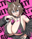  1girl absurdres alternate_breast_size_(larger) animal_ears between_breasts bikini bikini_top_only black_bikini blue_eyes breasts can chain choker cleavage commentary_request cuffs dicentra_knight drink_can ear_ornament fang hair_over_one_eye hand_on_own_hip handcuffs highres holding holding_can horse_ears horse_girl huge_breasts jacket multicolored_hair nope_(drink) open_clothes open_jacket paint_splatter paint_splatter_on_face rulership_(umamusume) solo streaked_hair swimsuit umamusume white_streaks 