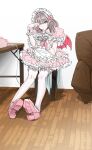  1girl alternate_costume apron armchair brown_hair chair colored_inner_hair commentary demon_wings dress frilled_thighhighs frilled_wrist_cuffs frills highres indoors maid maid_apron maid_headdress makaino_ririmu multicolored_hair nijisanji on_chair pink_dress pink_eyes pink_shoes platform_shoes puffy_short_sleeves puffy_sleeves shoes short_sleeves sitting solo streaked_hair su_pa_ri table thighhighs two-tone_hair unconventional_maid untranslatable_commentary virtual_youtuber white_thighhighs wings wooden_chair wooden_floor wooden_table wrist_cuffs 