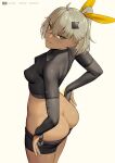  1girl absurdres ass black_gloves black_shirt black_shorts blush boosty_username breasts character_name closed_mouth clothes_pull cowboy_shot crossed_bangs dark-skinned_female dark_skin elbow_gloves english_commentary fang from_side girls'_frontline gloves green_eyes grey_hair hair_between_eyes hair_ornament hair_ribbon highres j_adsen jewelry klin_(girls'_frontline) letter_hair_ornament looking_at_viewer looking_to_the_side medium_breasts mixed-language_commentary multicolored_eyes multilingual_commentary paid_reward_available partially_fingerless_gloves ponytail ribbon ring ringed_eyes russian_commentary shirt shorts shorts_pull simple_background skin_fang small_breasts solo textless_version twitter_username undressing v-shaped_eyebrows vkontakte_username wedding_ring white_background yellow_eyes yellow_ribbon 