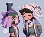  1boy 1girl black_hair chudoll_917 coat commentary_request facing_another frown fur-trimmed_coat fur_trim highres hijab korean_commentary mongolian_clothes open_clothes open_coat purple_eyes purple_hijab shorghaghtani_(tenmaku_no_jaadugar) smile tenmaku_no_jaadugar toregene_(tenmaku_no_jaadugar) upper_body 