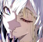  2girls black_background blonde_hair blue_eyes broken_mask cho_kaguya-hime! commentary cracked_kawaii_mask cracked_mask cracked_skin crying crying_with_eyes_open h_tora4 half-closed_eyes highres kaguya_(cho_kaguya-hime!) long_hair looking_at_viewer mask mismatched_eyes multiple_girls nail_polish portrait red_eyes revealing_layer runami_yachiyo streaming_tears tears untranslatable_commentary white_hair 