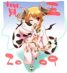  2009 animal_print bat_wings bell blonde_hair blush chinese_zodiac copyright_request cow_bell cow_print demon_girl earrings fang horn_ring horns jewelry navel new_year one_eye_closed panties pointy_ears puppet red_eyes shinozuka_atsuto short_hair solo tabi underwear wings year_of_the_ox 