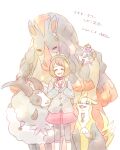 1girl boltund brown_hair cardigan closed_eyes commentary_request dated dress dubwool facing_viewer gloria_(pokemon) green_hat grey_cardigan hat highres holding holding_poke_ball hood hood_down hooded_cardigan leggings master_ball medium_hair mudsdale narusawa_byakuya open_mouth pink_dress poke_ball pokemon pokemon_(creature) pokemon_sword_and_shield polteageist smile standing tam_o'_shanter translation_request 