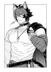  1boy animal_ear_fluff animal_ear_piercing animal_ears birdhatter black_jacket collar collarbone dog_boy dog_ears dog_tail greyscale hair_between_eyes holding holding_unworn_clothes holding_unworn_jacket jacket jewelry komano_manato leaf_in_mouth looking_at_viewer male_focus monochrome multicolored_hair multiple_scars necklace scar scar_on_chest scar_on_face shirt short_hair solo tail unworn_jacket upper_body white_shirt zenless_zone_zero 