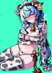  1girl absurdres ahoge alternate_breast_size_(larger) alternate_costume animal_ear_hairband animal_ears animal_print arm_cuffs arm_under_breasts artist_logo bell bikini blue_hair blush bow bow_bikini breasts commentary_request cow_ear_hairband cow_ears cow_print cow_print_bikini cow_print_gloves cow_print_thighhighs elbow_gloves embarrassed fake_animal_ears fingerless_gloves frilled_thighhighs frills ganyu_(genshin_impact) genshin_impact gloves goat_horns green_background hairband hand_on_own_stomach headdress highres horns large_breasts logo looking_at_viewer navel neck_bell print_bikini print_gloves print_thighhighs purple_eyes simple_background sitting solo stomach swimsuit tassel thighhighs thighs twitter_username wavy_hair wrist_cuffs yokozuwari yuito_(yuitokobunasbs0) 