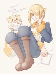  1boy blonde_hair boots brown_boots closed_mouth commentary_request dated full_body grey_eyes hair_over_one_eye hand_up highres jumpsuit long_sleeves male_focus narusawa_byakuya pokemon pokemon_(creature) pokemon_legends:_arceus signature smile togepi volo_(pokemon) white_background 