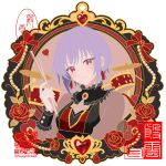  1girl amoris_(bang_dream!) artist_logo bang_dream! bang_dream!_it's_mygo!!!!! breasts commentary drumsticks earrings english_commentary flower heart highres holding holding_drumsticks jewelry logo long_sleeves looking_at_viewer medium_breasts medium_hair purple_hair qr_code red_eyes red_flower red_rose rose see-through_clothes see-through_sleeves signature simple_background solo upper_body white_background yuutenji_nyamu zhangji318969 