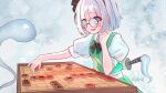  1girl 2091966 absurdres bespectacled black_hairband blue_eyes blush board_game bow bowtie chinese_commentary collared_shirt commentary_request glasses green_bow green_bowtie green_skirt green_vest grey_hair hairband happy highres hitodama konpaku_youmu konpaku_youmu_(ghost) open_mouth playing_games puffy_short_sleeves puffy_sleeves round_eyewear sheath sheathed shirt short_hair short_sleeves skirt skirt_set smile solo sweatdrop sword sword_on_back teardrop-framed_glasses touhou vest weapon weapon_on_back white_shirt xiangqi 