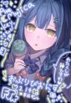  1girl :o bang_dream! bang_dream!_it's_mygo!!!!! blue_hair bmkofsfbf587292 bow commentary_request food hair_ornament hairclip highres holding ice_cream long_hair looking_at_viewer open_mouth school_uniform shirt solo togawa_sakiko translation_request white_shirt yellow_eyes 