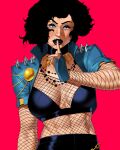  absolute_dc absurdres alt_text black_eyeshadow black_lips black_nails black_pants blue_eyes blue_jacket breasts cadhla182 cleavage cropped_jacket curly_hair dc_comics eyeshadow finger_to_mouth fishnet_top fishnets high-waist_pants highres jacket jewelry makeup multiple_necklaces necklace pants parted_lips shoulder_spikes shushing spikes zatanna_zatara zatanna_zatara_(absolute_dc) 