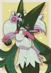  absurdres arm_up border commentary_request cowboy_shot hand_up happy heart highres looking_at_viewer meowscarada no_humans open_mouth outside_border pink_eyes pokemer pokemon pokemon_(creature) pokemon_focus simple_background standing white_border yellow_background 