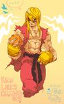  2009 abs blonde_hair blue_eyes chest chibi corey_lewis english eyebrows fingerless_gloves food fruit gloves hadouken japanese_clothes ken_masters long_hair looking_down male_focus muscle one_eye_closed open_clothes open_shirt orange sash shirt sketch sleeveless smile solo speech_bubble standing street_fighter 