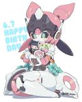  1girl aria_(human)_(zenless_zone_zero) aria_(robot)_(zenless_zone_zero) aria_(zenless_zone_zero) black_sclera blush bow colored_sclera commentary_request english_text green_bow green_eyes happy_birthday highres hug hugging_object humanoid_robot joints nangong_yu pink_hair robot robot_girl robot_joints s54nkasn simple_background sitting smile sunna_(zenless_zone_zero) twitter_username white_background zenless_zone_zero 