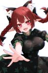  1girl absurdres animal_ear_fluff animal_ears black_bow black_dress bow braid breasts cat_ears commentary_request dress extra_ears fang hair_bow highres kaenbyou_rin large_breasts long_hair looking_at_viewer multiple_hair_bows open_mouth pointy_ears puffy_short_sleeves puffy_sleeves red_eyes red_hair red_nails short_sleeves simple_background slit_pupils smile solo sugar_you touhou twin_braids white_background 