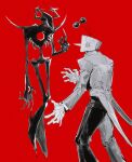  1boy 1other absurdres ant_tenna antlers blackmaro1 coat deltarune greyscale_with_colored_background highres hole_in_chest hole_on_body horns object_head pants pointy_nose red_background roaring_knight television utdr_(toby_fox) 