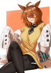  1girl absurdres afu090 agnes_tachyon_(tach-nology)_(umamusume) agnes_tachyon_(umamusume) ahoge animal_ears black_necktie black_pantyhose breasts brown_hair chemical_structure coat commentary cork crossed_legs earrings hair_between_eyes highres horse_ears horse_girl horse_tail jewelry lab_coat long_sleeves medium_breasts necktie open_mouth pantyhose red_eyes shirt short_necktie single_earring sitting sleeves_past_fingers sleeves_past_wrists smile solo sweater sweater_vest tail test_tube umamusume white_coat wolf_cut yellow_sweater yellow_sweater_vest 