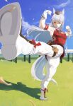  1girl absurdres animal_ears bow commentary ear_bow english_commentary foreshortening gold_ship_(red_strife)_(umamusume) gold_ship_(umamusume) highres horse_ears horse_girl horse_tail mmmnuggetts pantyhose pillbox_hat purple_eyes smile solo standing standing_on_one_leg tail umamusume white_pantyhose 