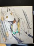  1girl arms_behind_back bikini commentary_request flat_chest gakuen_idolmaster grey_hair idolmaster jacket long_hair looking_at_viewer marker_(medium) orange_eyes photo_(medium) rage_(rojiura) shikishi shinosawa_hiro smile solo swimsuit traditional_media 