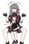  2girls aged_down black_boots black_bow black_dress black_gloves black_jacket black_socks blush_stickers boots bow closed_mouth commentary_request dress feet_out_of_frame full_body gloves grey_hair hair_bow hand_up hands_up highres honkai:_star_rail honkai_(series) invisible_chair jacket jacket_on_shoulders kafka_(girls'_dormitory)_(honkai:_star_rail) kafka_(honkai:_star_rail) long_hair multiple_girls o2_(nao2_09) official_alternate_costume open_mouth purple_hair purple_slippers short_sleeves sitting sitting_between_legs slippers smile socks spread_legs stelle_(honkai:_star_rail) trailblazer_(honkai:_star_rail) translation_request twitter_username yellow_eyes 