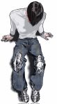  1boy arm_support armored_boots belt black_belt black_hair boots bracelet chrome_hearts_(brand) claw_ring commentary cuisses denim drop_shadow earrings english_commentary facing_down fashion from_above full_body glint head_down highres jeans jewelry male_focus modeling multiple_bracelets multiple_rings on_floor original pants poleyn ring sabaton shirt silver_bracelet silver_ring simple_background sitting sleeves_past_wrists solo streetwear stud_earrings torn_clothes torn_jeans torn_pants tsumoi_(infinity) white_background white_shirt 