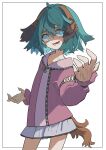  1girl absurdres animal_ears aqua_eyes commentary_request dog_ears dog_tail fangs foul_detective_satori green_hair hair_between_eyes highres kasodani_kyouko kumateya long_sleeves miyadeguchi_mizuchi open_mouth pink_shirt possessed shirt short_hair skin_fangs skirt tail touhou white_background white_skirt 