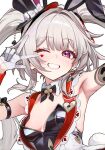  1girl :d alternate_costume armpits black_leotard blush breasts commentary_request facial_mark gloves grey_hair half_gloves honkai:_star_rail honkai_(series) leotard looking_at_viewer mark_under_both_eyes purple_eyes shirokitsune small_breasts smile solo sparkle_(honkai:_star_rail) sparxie_(honkai:_star_rail) strapless strapless_leotard twintails upper_body white_gloves white_mouth 