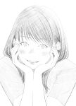  1girl absurdres blush commentary_request greyscale hands_on_own_cheeks hands_on_own_face hands_up highres long_hair looking_at_viewer monochrome original parted_lips pen_(medium) shirt short_sleeves smile solo straight_hair swept_bangs traditional_media upper_body wispy_bangs yoshimizm 